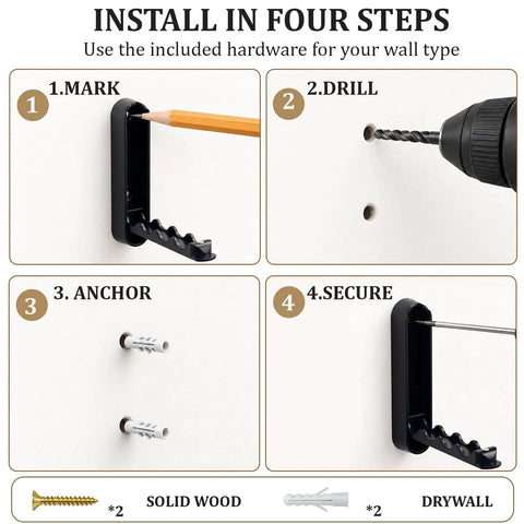 Installation steps for Sick Folding Wall Hooks Black Rounded Design with hardware for secure wall mounting.