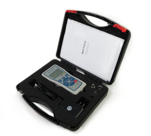Rugged Digital Force Gauge 1000N Push Pull Tester With Peak And Track Modes Inverted Backlit Graphic LCD Pass Fail LED USB Output Data Download Ready 0.2 Percent Of Full Scale Accuracy Metal Enclosure For Heavy Duty Use in case