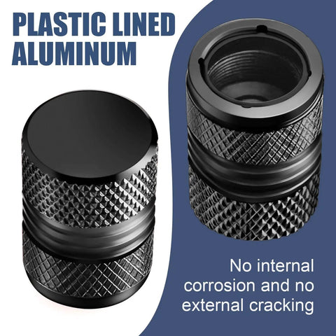 Premium Anodized Alloy Tire Valve Stem Cap, Black, Plastic Inner Liner, Corrosion Resistant, Close-up View
