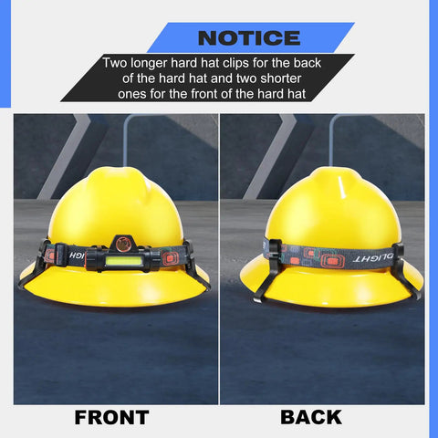 12 Pack Hard Hat Light Clips for Headlamps Front Short and Back Long Brim Mounts attached to yellow helmets