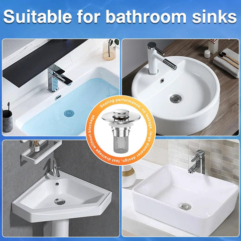 Two-pack pop-up sink drain hair catcher with removable stainless steel basket for bathroom sink drains.