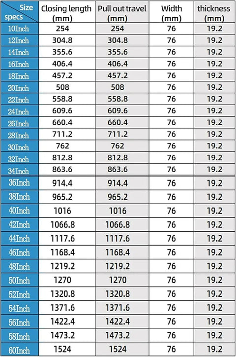 Size chart for Straight Up Heavy Duty Drawer Slides, showing dimensions and specifications in mm for various lengths.