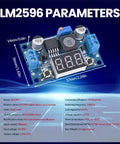 Image of LM2596 Adjustable DC DC Buck Converter with LED Voltmeter Display, showcasing dimensions and key parameters on blue background.