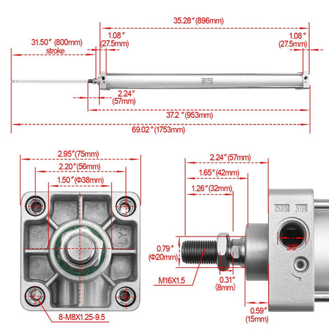 Dimensions of Industrial Pneumatic Cylinder 63mm Bore, 800mm Stroke, Double Acting, PT3/8 Port, M16x1.5 Piston Port