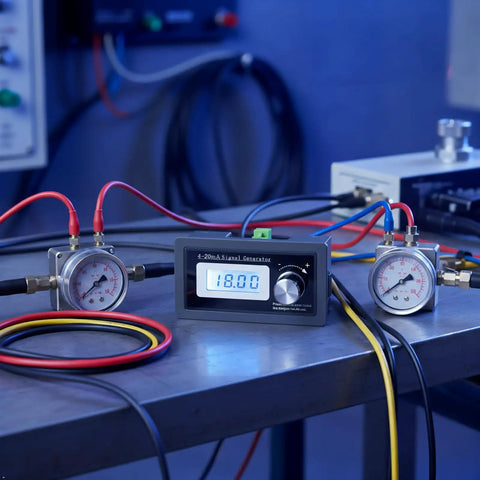 4-20mA Signal Generator for Precise Current Loop Calibration on lab bench, displaying 18.00, connected to pressure transducers