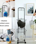 Three-Tier Laundry Cart On Wheels With Heavy-Duty Wire Baskets shown with plants, blankets, and detergent bottles.
