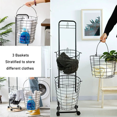 Three-Tier Laundry Cart On Wheels With Heavy-Duty Wire Baskets shown with plants, blankets, and detergent bottles.