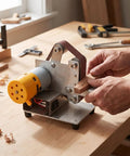 Fafeicy 3 In 1 Mini Belt Sander With Adjustable Speed Electric Bench Grinder in use, shaping wood in a workshop.