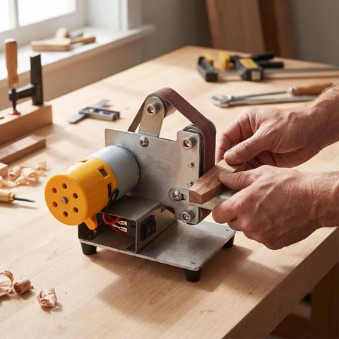 Fafeicy 3 In 1 Mini Belt Sander With Adjustable Speed Electric Bench Grinder in use, shaping wood in a workshop.