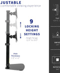 Durable Heavy Duty Freestanding Monitor Mount Desk Stand Rock Solid Height Adjustable Arm with 9 locking settings for 17 to 32 inch screens.