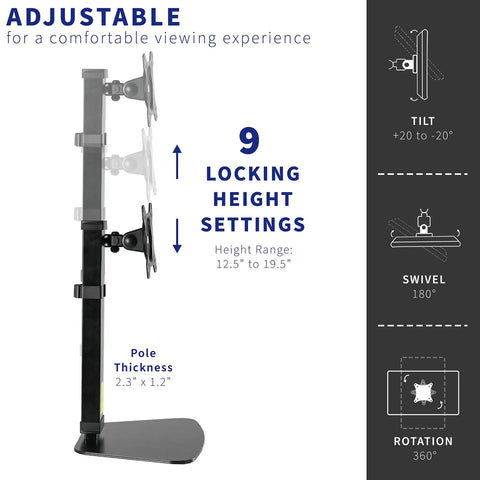 Durable Heavy Duty Freestanding Monitor Mount Desk Stand Rock Solid Height Adjustable Arm with 9 locking settings for 17 to 32 inch screens.