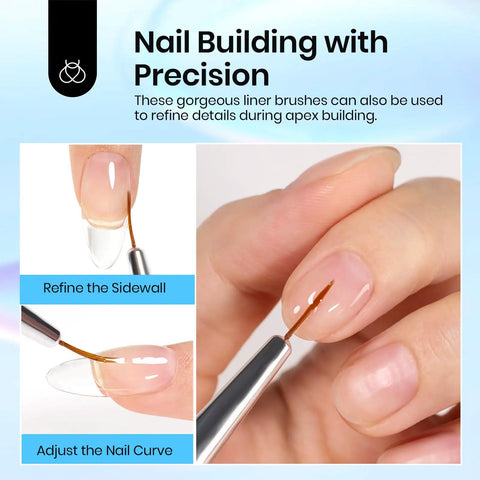 Close-up of 5 Pcs Nail Art Liner Brush Set with metal handle used for precise detailing on nails