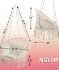 Boho Macrame Hammock Chair Swing With Overstuffed Cushion For Indoor And Outdoor Cozy Vibes Beige Solid Steel Frame Easy Setup