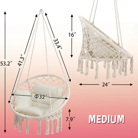 Boho Macrame Hammock Chair Swing With Overstuffed Cushion For Indoor And Outdoor Cozy Vibes Beige Solid Steel Frame Easy Setup
