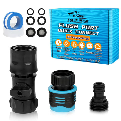 SwiftFlusher Outboard Quick Connect Flush Kit For Yamaha And Honda Engines with adapter, rings, and packaging box.