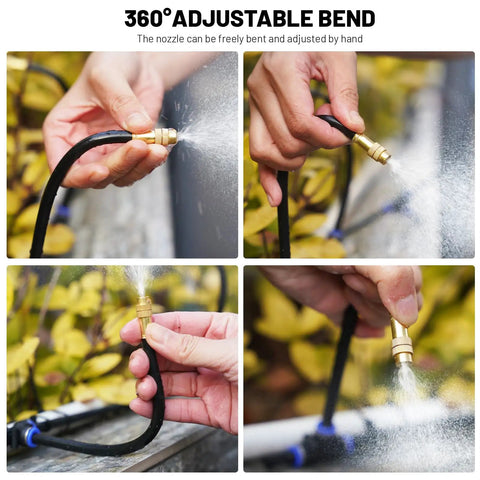 Hands adjusting nozzle of 360 Degree Adjustable Drip Irrigation System With 50 Ft Tubing, 16 Nozzles, Water Timer, Rain Delay.
