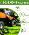 Image of Heavy Duty 4.80/4.00-8 Inner Tubes With Bent Valve Thickened Butyl for Lawn Mower, showing product details and mower in use.