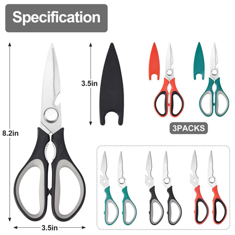 Three Pack Do It All Kitchen Scissors Set, Heavy Duty Stainless Steel Shears, Dishwasher Safe, Removable Blades For Cutting Meat Chicken Fish And Veggies, Multicolor Kitchen Utensils For Everyday Kitchen Hacks, 8.2in scissors set
