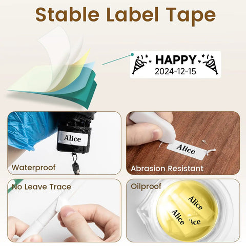Stable label tape features with waterproof, abrasion resistant, oilproof, and no leave trace qualities with printed 'Alice' label.