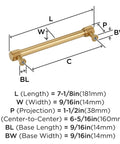 Diagram of Farewind Transitional Champagne Bronze Cabinet Pull 6-5/16 Inch Center-To-Center, 7-1/8 Inch Overall Length with dimensions.