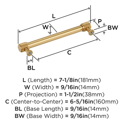 Diagram of Farewind Transitional Champagne Bronze Cabinet Pull 6-5/16 Inch Center-To-Center, 7-1/8 Inch Overall Length with dimensions.