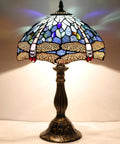 Tiffany Style Dragonfly Blue Stained Glass Table Lamp For Desk And Bedside Reading Light With Antique Green Bronze Base