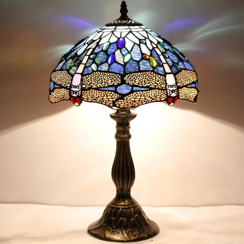 Tiffany Style Dragonfly Blue Stained Glass Table Lamp For Desk And Bedside Reading Light With Antique Green Bronze Base