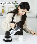 Woman using 500W Mini Electric Hot Plate For Coffee Nerds Moka Pot Friendly 110V Compact RV Camping Stove With 4 Inch Cast Iron Burner