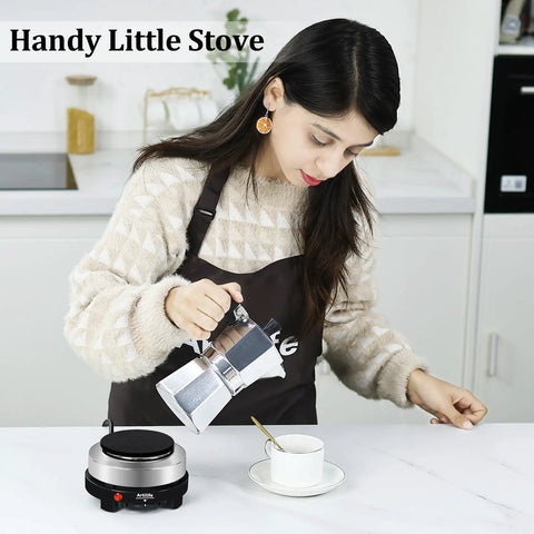 Woman using 500W Mini Electric Hot Plate For Coffee Nerds Moka Pot Friendly 110V Compact RV Camping Stove With 4 Inch Cast Iron Burner