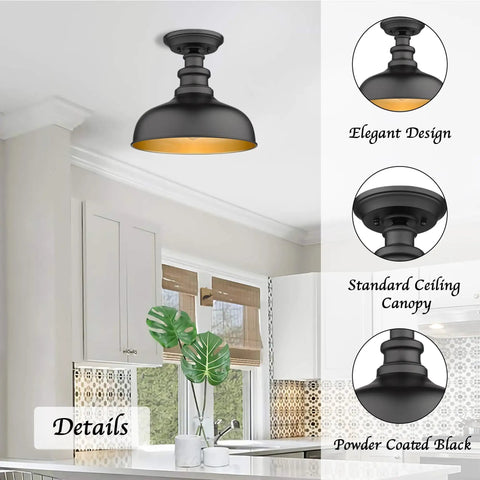 Semi Flush Mount Ceiling Light in Black with Copper Accents in modern kitchen, close to ceiling, elegant industrial design