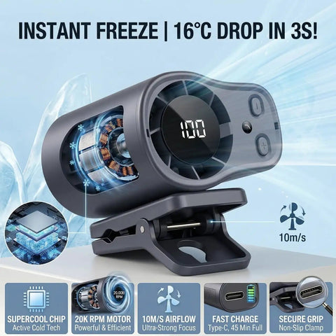 Clip On Car Vent Fan With LED Display, 360 Degree Rotation, showing 100 speed setting and clamp, USB rechargeable