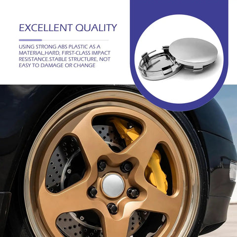 4 Pack Universal Snap In Wheel Center Caps High Polish Silver Rim Hub Covers OD 60mm ID 56mm mounted on a gold alloy wheel.