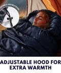 Person using XXL Winter Sleeping Bag For Adults And Kids Ultra Warm Cozy All Season Camping Gear With Compression Sack Cold Weather Comfort, featuring adjustable hood for warmth.