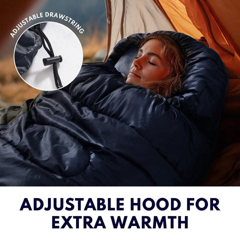 XXL Winter Sleeping Bag for Adults and Kids 4 Season Cold Weather Camping Gear With Draft Collar Zipper Guard and Compression Sack For Hiking Traveling Backpacking And Outdoor Adventures Stay Toasty with adjustable hood.