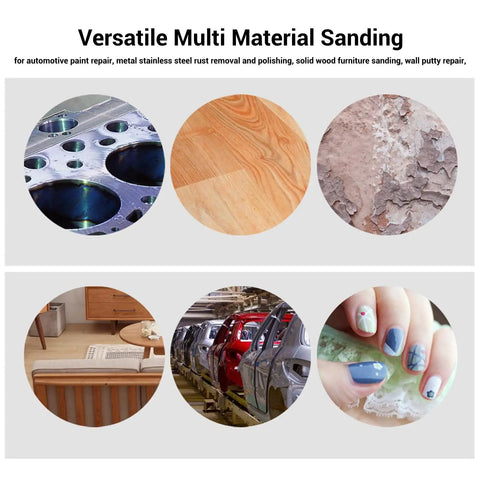 Top Tier 200 Pack Of 5 Inch Silicon Carbide Hook Loop Sanding Discs With 8 Holes For Power Tools, showing multi-material sanding for various projects.