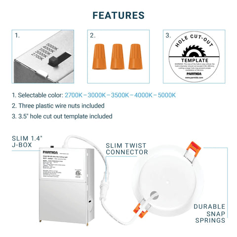 Features of Six Pack 4 Inch LED Gimbal Eyeball Recessed Lighting Canless Ceiling Light With J Box Five Color Temperature