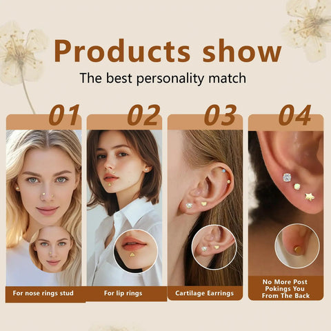 15Pcs Go To Body Jewelry Set Flat Back Push In Stud Earrings 20G 18G 16G 316L Surgical Stainless Threadless Nose Rings Medusa Piercing Jewelry Hypoallergenic Labret Studs Lip Rings Gold Tone With Ball Grabber Tool For Women And Men for nose, lip, and cartilage