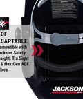 Close-up of Jackson Safety Auto Darkening Welding Helmet With Durable Protective Face Shield, HSL-100 Shell in black.
