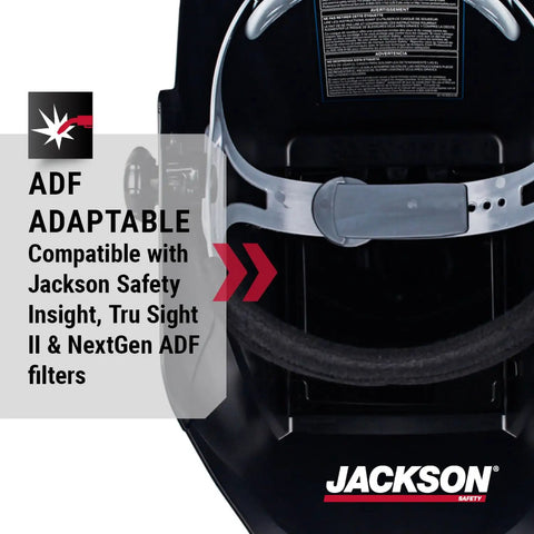 Close-up of Jackson Safety Auto Darkening Welding Helmet With Durable Protective Face Shield, HSL-100 Shell in black.