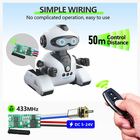 Mini Wireless 12V DC Motor Remote Control Switch With 5V-24V Micro Receiver, toy robot, remote in hand, wiring diagram