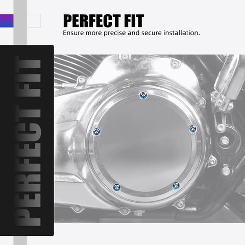 Badass Slick Blue Titanium Alloy Derby Cover Screws For Harley Road Glide FLTRX And Heritage Softail Classic FLSTC 5 Piece Heavy Duty Corrosion Resistant Motorcycle Fastener Kit installed on motorcycle cover.