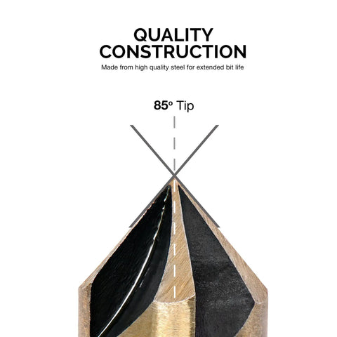 Close-up of Pro Grade Countersink Drill Bit Set for Wood and Metal, showing 85° tip, high-quality steel construction detail.