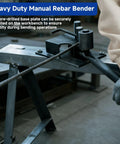 Lesolar Heavy Duty Manual Rebar Bender Tool For Concrete Steel Rods Bending Up To Half Inch Diameter 14 Mm with base plate on workbench.