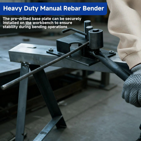 Lesolar Heavy Duty Manual Rebar Bender Tool For Concrete Steel Rods Bending Up To Half Inch Diameter 14 Mm with base plate on workbench.