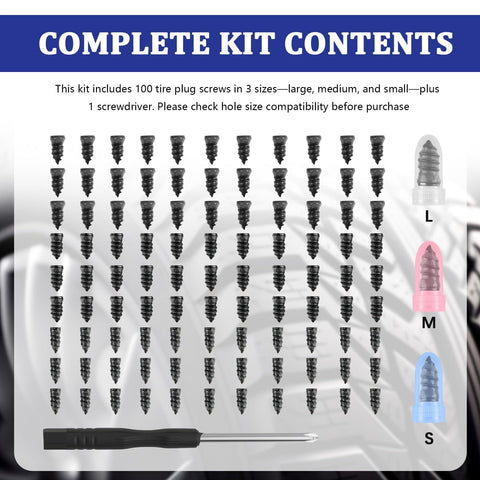 Image of a 100 Piece Screw Tire Plug Kit With Screwdriver Three Sized Plugs For Quick Puncture Repair Self Tapping Rubber Nail Tire Repair Kit For Car Truck Motorcycle Durable Easy Install, featuring 100 plugs in various sizes and a screwdriver.