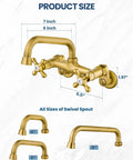 Wall Mount Kitchen Faucet with 6 Inch Spout Dual Handles Hot And Cold Water Mixer Tap 360 Degree Swivel Antique Brass Finish