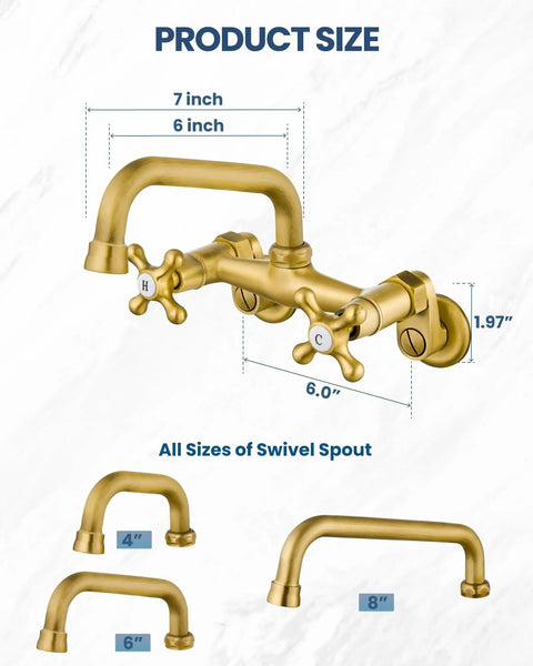 Wall Mount Kitchen Faucet with 6 Inch Spout Dual Handles Hot And Cold Water Mixer Tap 360 Degree Swivel Antique Brass Finish