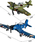Brick Compatible WW2 Fighter Plane Building Kit Set with US F4U Corsair and UK Spitfire models, showing size dimensions.