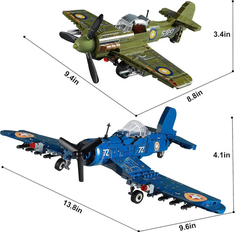Brick Compatible WW2 Fighter Plane Building Kit Set with US F4U Corsair and UK Spitfire models, showing size dimensions.