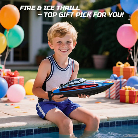 Child holding Fast RC Boat For Pool And Lake Hits 20 Plus MPH With 40 Plus Minute Run Time 7 LED Light Modes Self Righting Remote Control